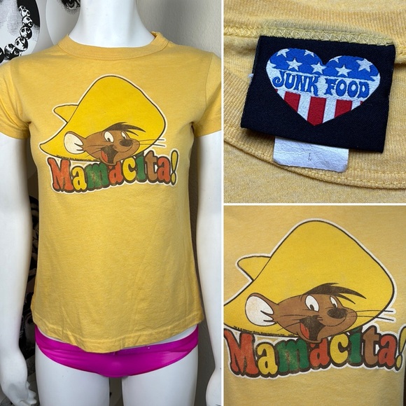 Junk Food “Mamacita” Speedy Gonzalez Yellow Y2K Ringer Tee, Sz L - Picture 1 of 12